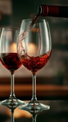Close-up of red wine pouring into glass , freeze motion.