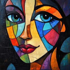Cubism Abstract Portrait: Vibrant Colors of Young Woman on Square Canvas