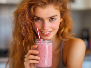 młoda piękna uśmiechnięta dziewczyna ze szklanką  smoothie.	