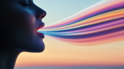 Obraz premium A woman's profile emits vibrant, colorful light trails against a serene sunset sky, AI