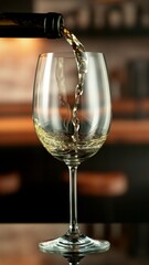 Close-up of white wine pouring into glass , freeze motion.
