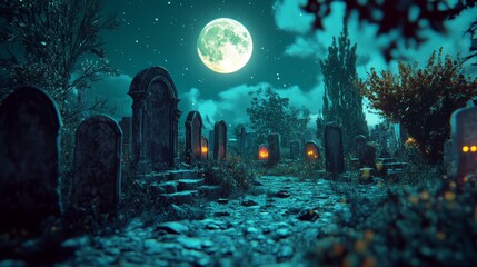 Obraz premium scary night in graveyard with big moon. scary halloween night illustration