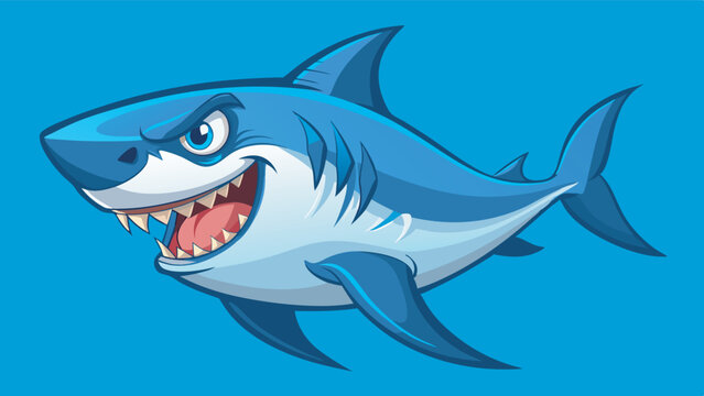 Cartoon shark illustration on light cyan background, fierce with blue stripes, sharp teeth, slanting eyes, and visible fins in a framed border.