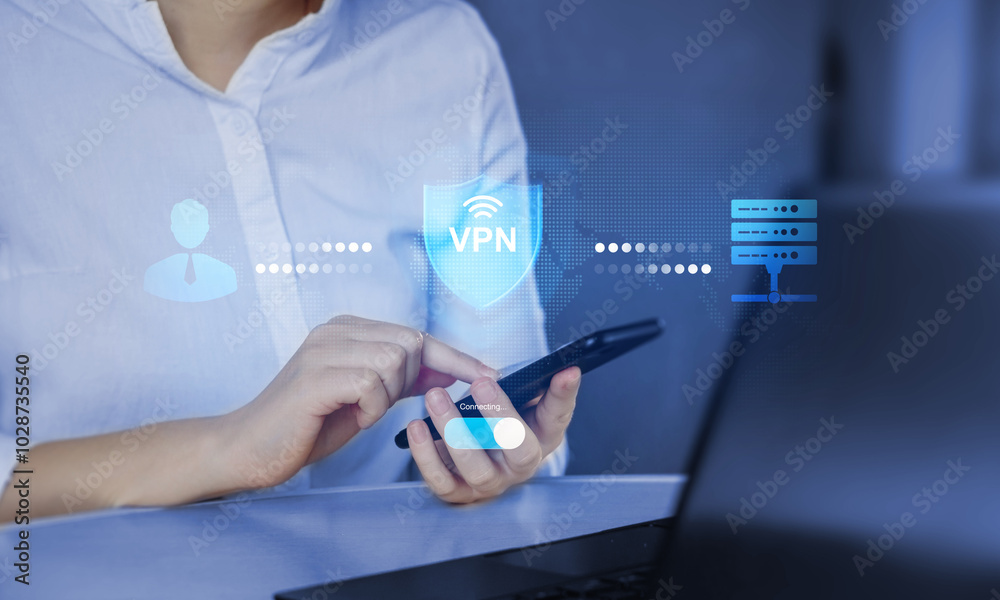 Wall mural vpn secure connection.remote server with private internet network technology to protect privacy of p