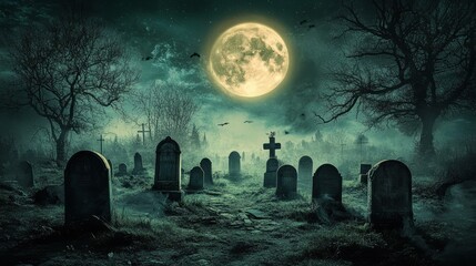 scary night in graveyard with big moon. scary halloween night illustration