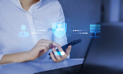 VPN secure connection.Remote server with private internet network technology to protect privacy of...