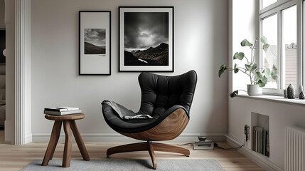 Cozy interior featuring a stylish chair and framed landscape art.