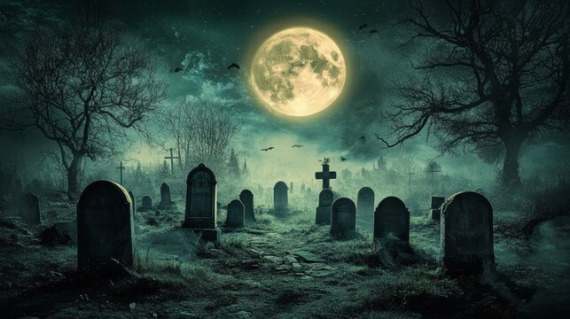 scary night in graveyard with big moon. scary halloween night illustration