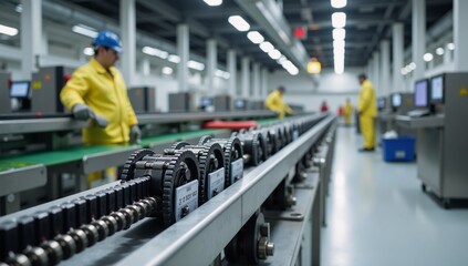 Electric vehicle battery production line features conveyor chains  belts in an industrial setting
