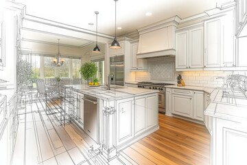 Contractor remodeling kitchen with blueprints and wood details, Generative AI