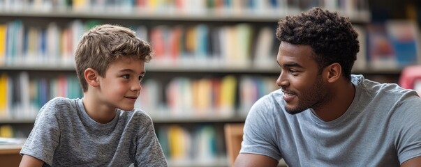 Male teacher counselling a young school boy in a library, Generative AI