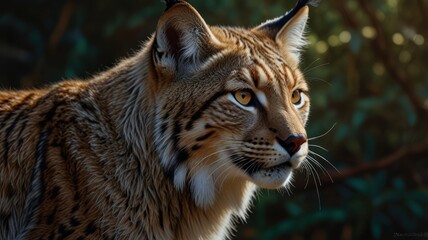 Obraz premium a lynx, its eyes gleaming with an intensity that belies its solitary nature. The fur patterned with spots, blends seamlessly with the dappled sunlight filtering through the forest canopy.