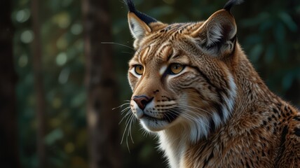 Fototapeta premium a lynx, its eyes gleaming with an intensity that belies its solitary nature. The fur patterned with spots, blends seamlessly with the dappled sunlight filtering through the forest canopy.