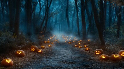 Obraz premium scary and spooky path in the forest with lightining pumpkins