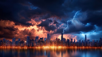 Dramatic skyline at twilight with dark storm clouds and lightning illuminating the cityscape over a reflective water surface