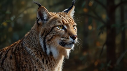 Obraz premium a lynx, its eyes gleaming with an intensity that belies its solitary nature. The fur patterned with spots, blends seamlessly with the dappled sunlight filtering through the forest canopy.