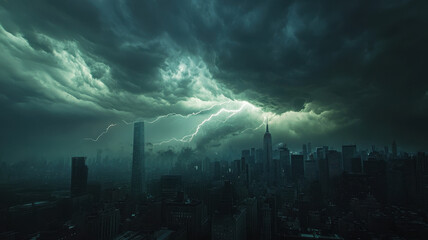 Dramatic lightning striking over a dark urban skyline under ominous storm clouds with a greenish tint