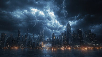 Dramatic thunderstorm over a city skyline with lightning striking and heavy rain, creating a moody and intense atmosphere