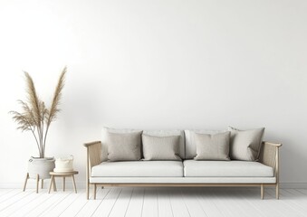 A minimalist living room with a light gray sofa, cushions, pampas grass, and wooden accents.