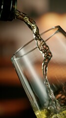 Close-up of white wine pouring into glass , freeze motion.