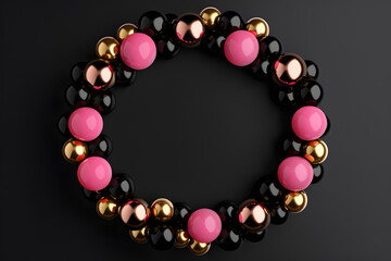 Obraz premium 3d gold, pink and black balloons frame on black background. Birthday card with copy space 