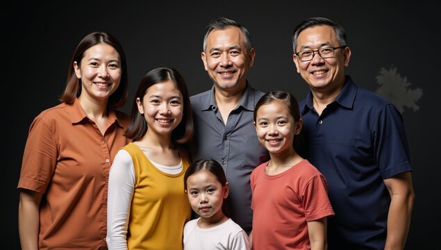 A genealogically themed group portrait showcases multiple generations standing together against a dark abstract backdrop remembering and honoring their ancestors created with