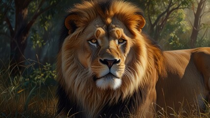 Naklejka premium a majestic lion, its piercing eyes and tawny mane exuding an aura of power and regality. The sunlight bathes its golden fur, highlighting the intricate patterns and textures.