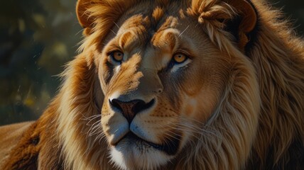 Fototapeta premium a majestic lion, its piercing eyes and tawny mane exuding an aura of power and regality. The sunlight bathes its golden fur, highlighting the intricate patterns and textures.