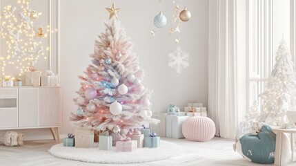 white christmas tree with gift boxes and decorations