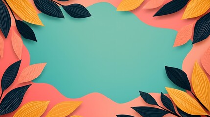 Colorful paper leaves framing a blank turquoise background