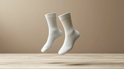 A pair of white socks elevated above a wooden surface, highlighted against a beige background, showcasing minimalistic design and style.