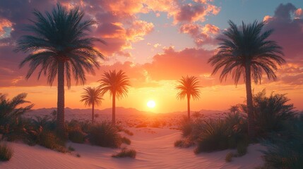 Obraz premium Beautiful oasis in the desert with panoramic views of the sunset over the sand