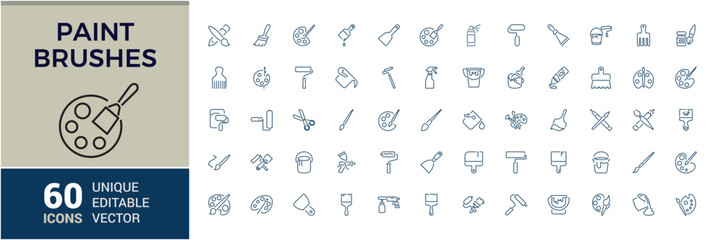 Paint brushes line icons. Set of Paint and decorating icon and painting tools. Color palette, Roller, Creative art brush, bucket. Vector illustration.