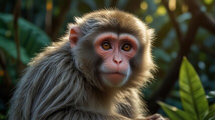 Obraz premium A monkey in the forest with the morning sun, carrying a banana to eat. The sunlight casts a dramatic glow on the monkey's curious face.