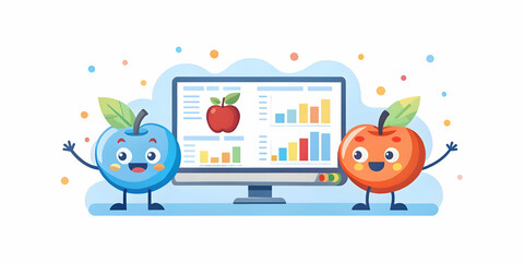 Fototapeta premium Fruity Financial Data Analysis: Two Analytical Fruits Examine Financial Data on Large Screens with Soft Abstract Bokeh Background for Precision and Teamwork in Photo Stock Concept
