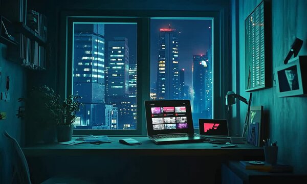 Computer desk setup, lofi Anime style illustration, flat art, anime background wallpaper