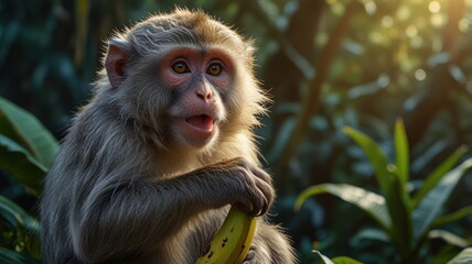 A monkey in the forest with the morning sun, carrying a banana to eat. The sunlight casts a dramatic glow on the monkey's curious face.