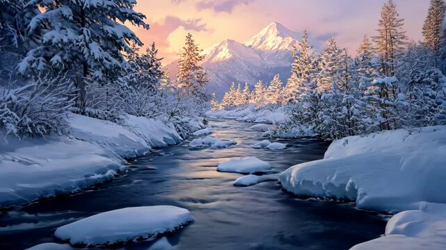 A river flows through a snowy mountain valley during a winter sunset