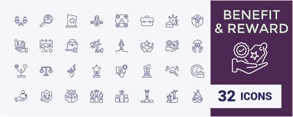 Success and growth icon set. Benefit and reward icons collection. Loyalty program line icons. Bonus card, award and winner gift, achievement, employee.