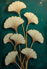 Ginkgo Leaf Luxury Wall Art: Digital Painting in Art Nouveau Style Featuring Teal, Gold, and Emerald Green with Textured Background and Elegant Composition