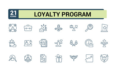 Success and growth icon set. Benefit and reward icons collection. Loyalty program line icons. Bonus card, award and winner gift, achievement, employee.
