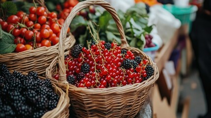 Fresh Berries in Woven Baskets at Market Stall