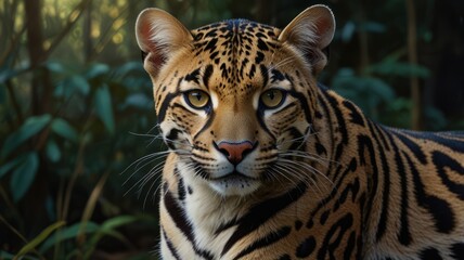Obraz premium an ocelot with piercing eyes gleaming in the dim light. The ocelot's spotted fur blends seamlessly with the shadows of the forest, creating a sense of camouflage.