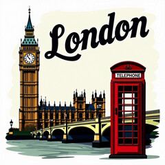 Obraz premium Artistic depiction of London's famous Big Ben and red telephone box by the Thames. Captures British heritage and culture. Perfect for travel, poster, or cultural themes.