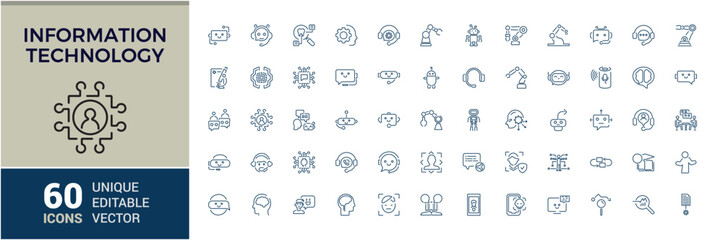 Information Technology icon set. Robotic technology icons collection. Set of Digital technology and Artificial Intelligence. Outline icons collection. Vector illustration