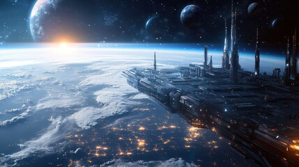 Futuristic Spacecraft Orbiting a Planet with Multiple Moons