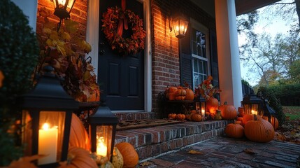 Cozy Autumn Front Porch with Pumpkins and Lanterns