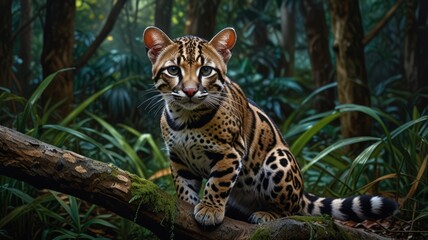 Fototapeta premium an ocelot with piercing eyes gleaming in the dim light. The ocelot's spotted fur blends seamlessly with the shadows of the forest, creating a sense of camouflage.