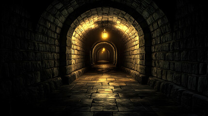 Dimly lit stone tunnel with arches and warm lighting.