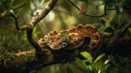 A Brown Snake Coiled on a Branch in a Lush Green Forest
